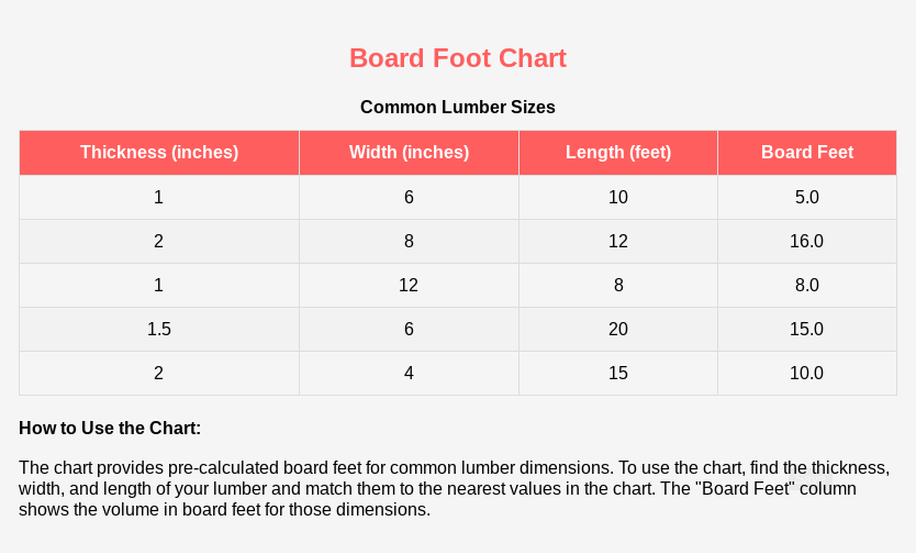 Table showing common lumber sizes and their corresponding board feet calculation.